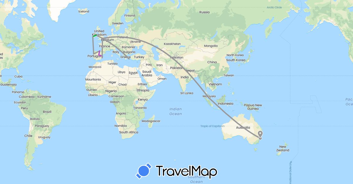 TravelMap itinerary: driving, bus, plane, train in Australia, Spain, United Kingdom, Greece, Ireland, Malaysia, Portugal (Asia, Europe, Oceania)